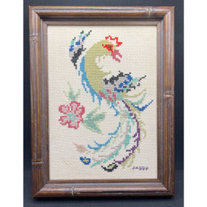 Vintage Framed Needlepoint Pheonix Bird Colorful Hanging Wall Art signed